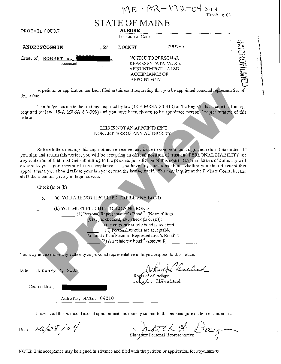 Maine Notice to Personal Representative Regarding Acceptance of ...