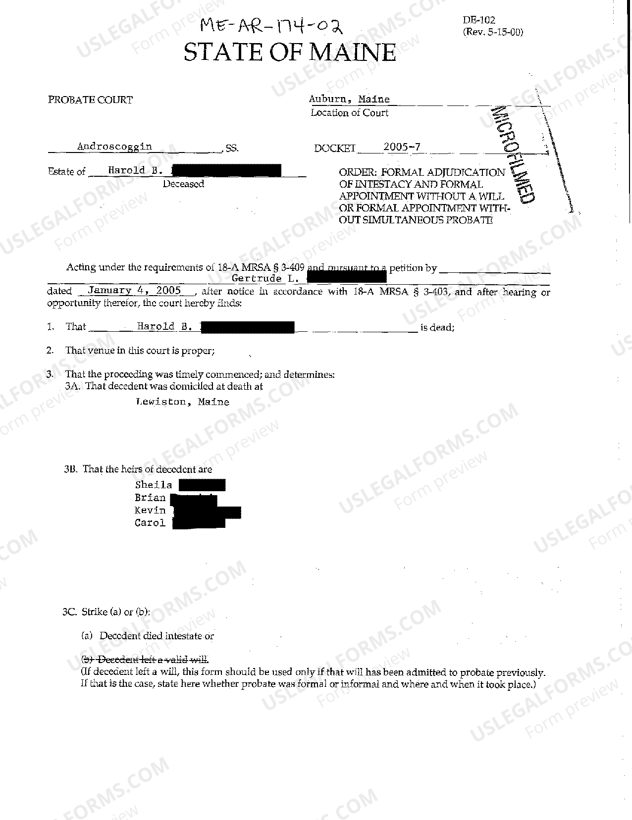 Maine Order - Formal Adjudication of Intestacy and Formal Appointment ...