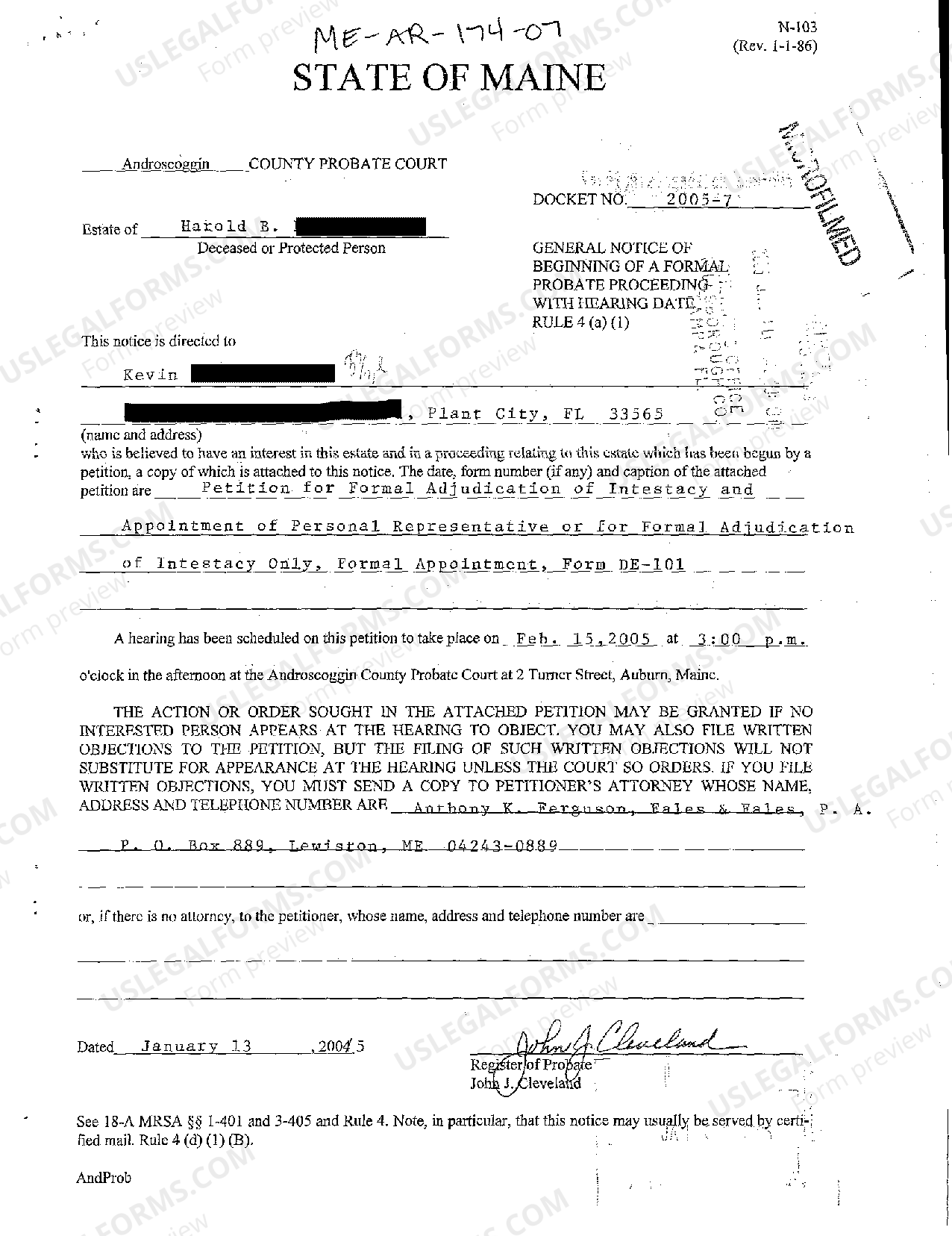 Maine General Notice of Beginning of a Formal Probate Proceeding with ...