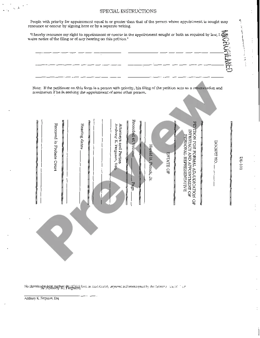 Preview A01 Petition for Formal Adjudication of Intestacy and Appointment of Personal Representative