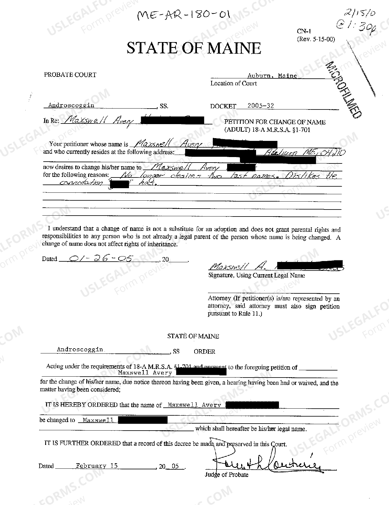 Maine Petition for Change of Name US Legal Forms