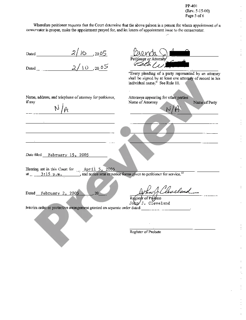 Get A01 Petition for Appointment of Conservator Preview A01 Petition for Appointment of Conservator
