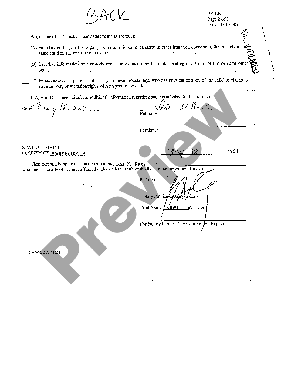 Maine Child Custody Affidavit US Legal Forms