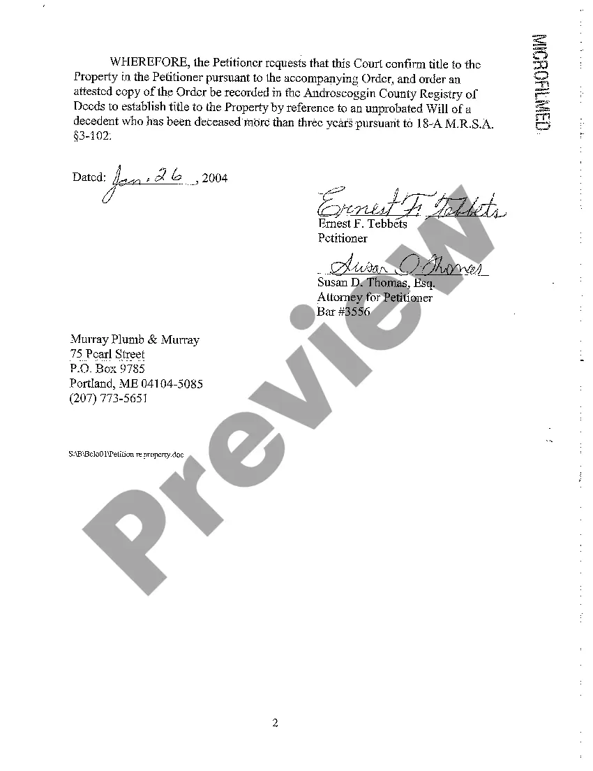 Get A07 Petition to Establish Title to Property by Reference to an Unprobated Will of Decedent Deceased More than Three Years Preview A07 Petition to Establish Title to Property by Reference to an Unprobated Will of Decedent Deceased More than Three Years