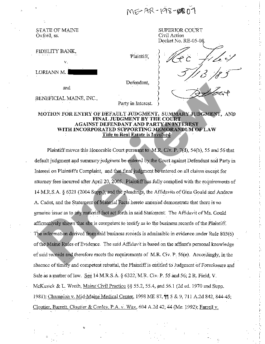 Maine Motion for Entry of Default Judgment, Summary Judgment, and Final
