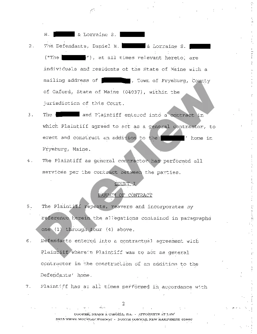 Preview A01 Complaint for Breach of Construction Contract on Addition to Home