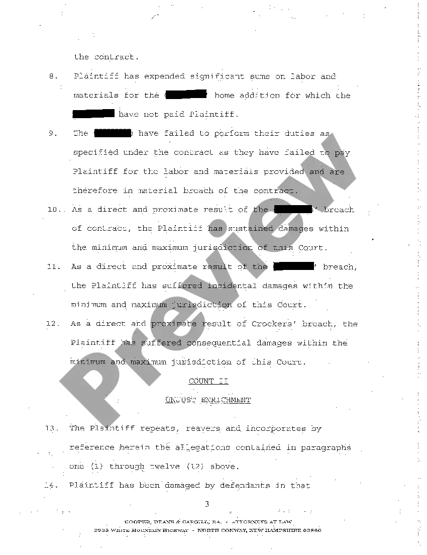 Preview A01 Complaint for Breach of Construction Contract on Addition to Home