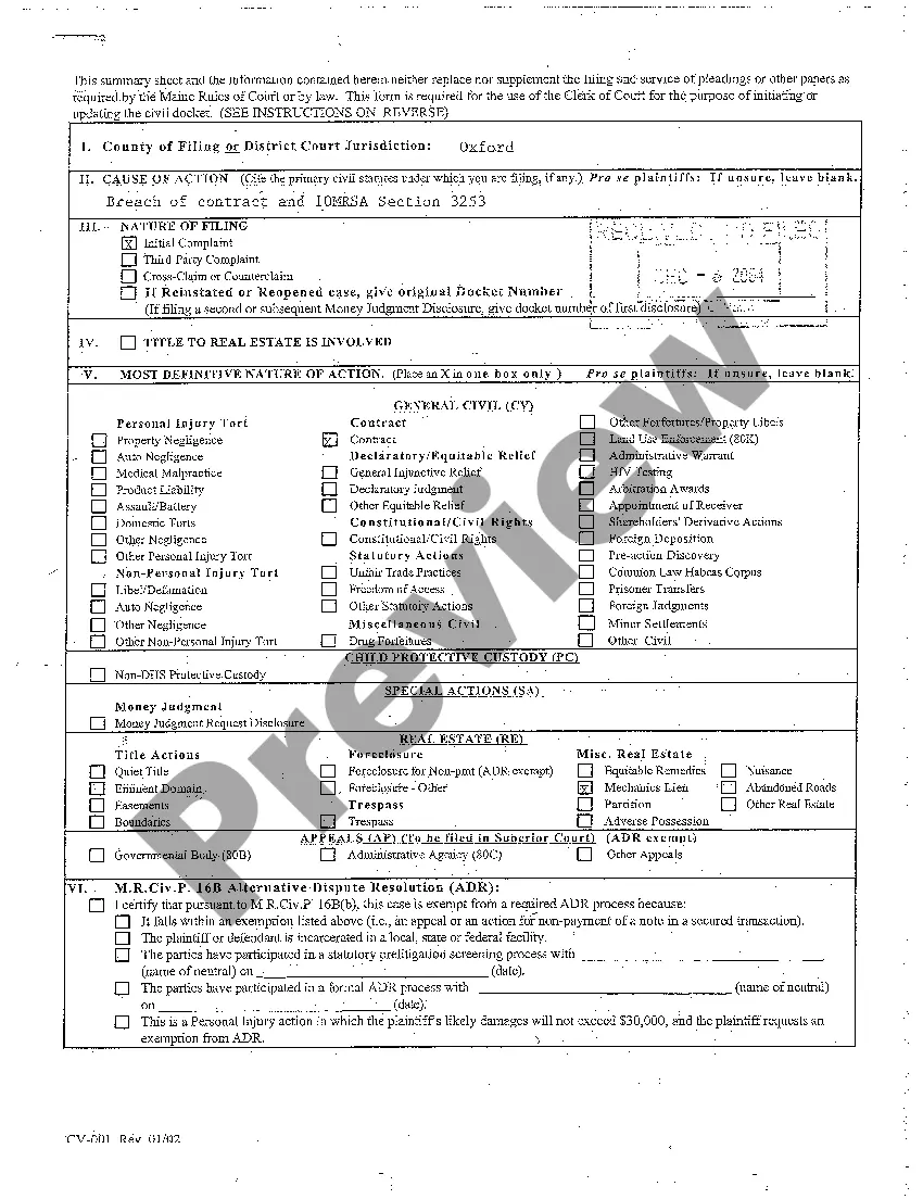 Preview A01 Complaint for Breach of Construction Contract on Addition to Home
