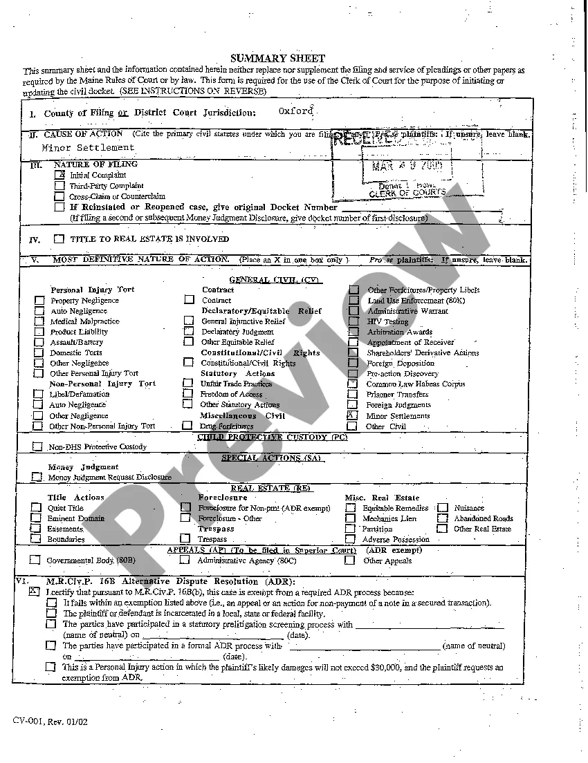 Preview A01 Motion for Approval of Personal Injury Settlement Pursuant to Maine Rule of Civil Procedure 17(A)