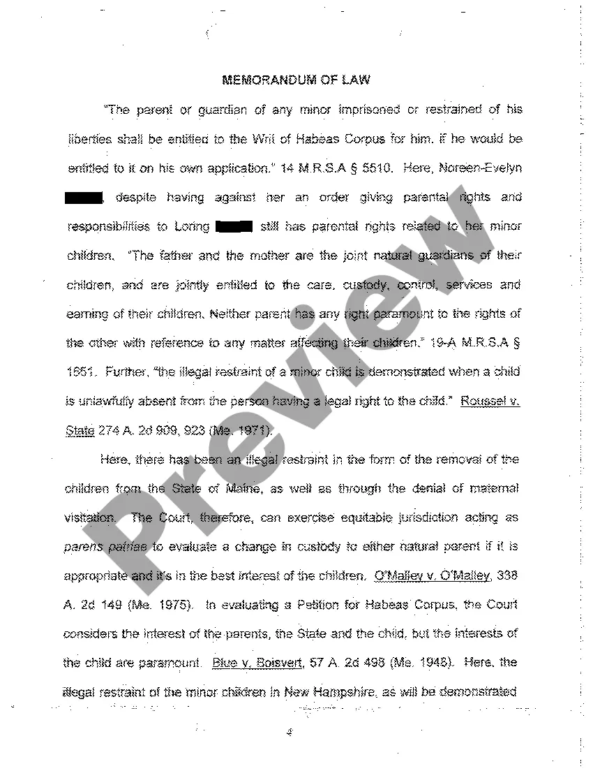 Get Petition for Writ of Habeas Corpus with Incorporated Memorandum of Law of Mother Attempting to Regain Custody of Children Preview Petition for Writ of Habeas Corpus with Incorporated Memorandum of Law of Mother Attempting to Regain Custody of Children