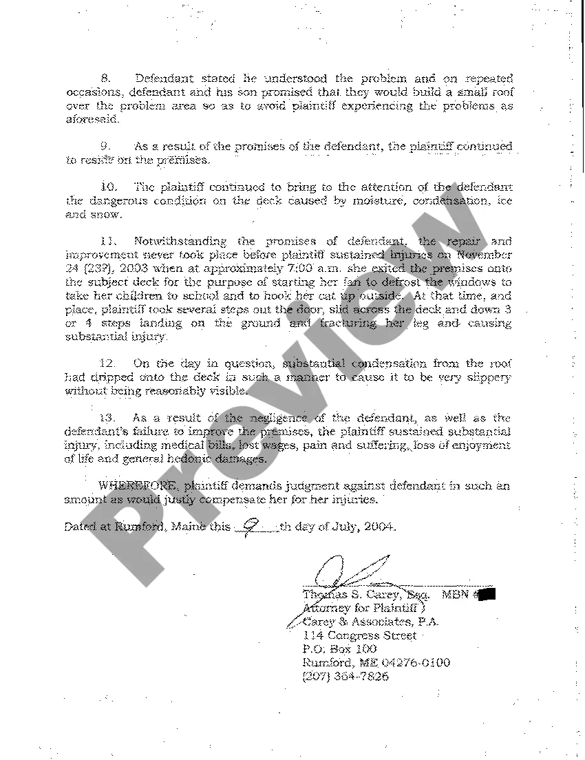 Preview A01 Complaint - Personal Injury to Lessee Due to Lessor Negligently Not Repairing Slippery Porch