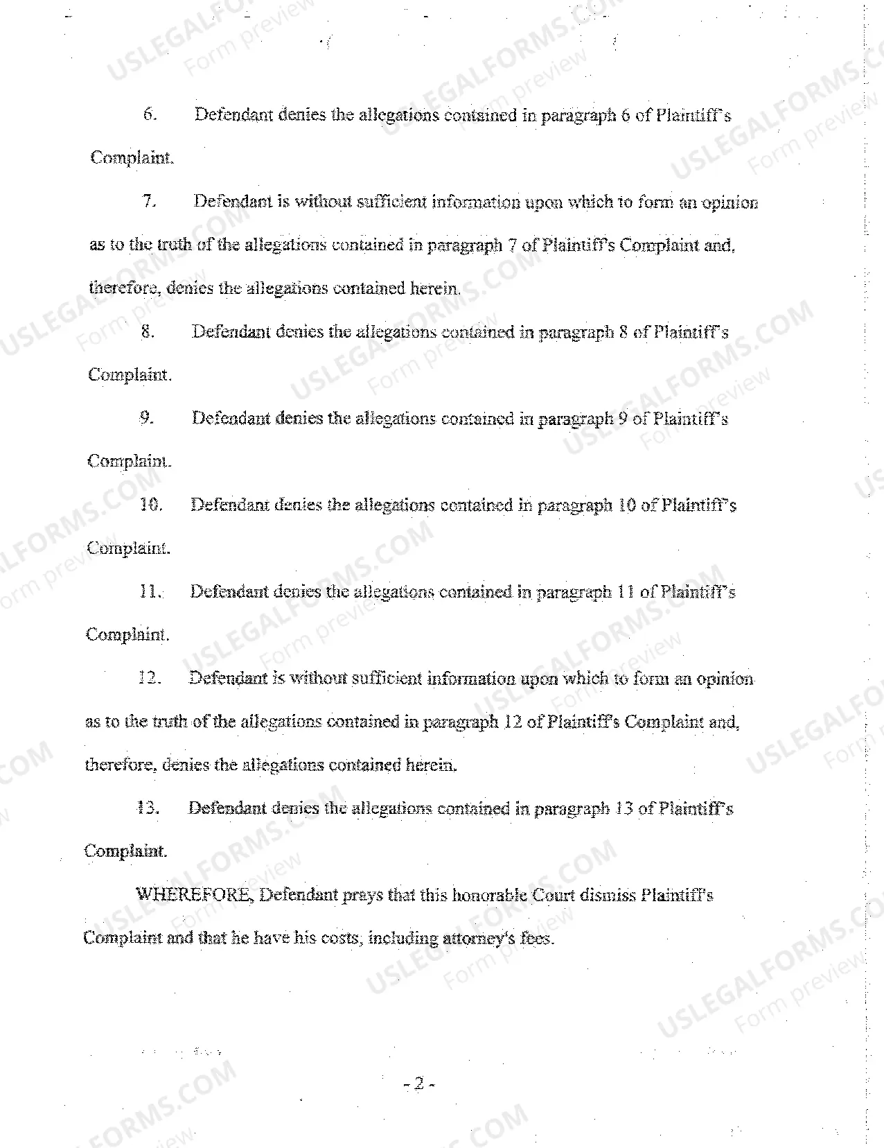 Preview A02 Answer to Complaint