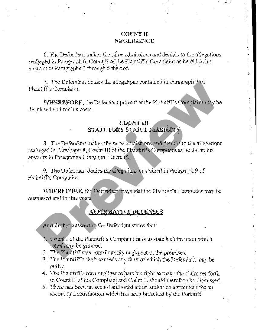 Preview A02 Answer of Defendant regarding Strict Liability Personal Injuries Due to Dog Bite