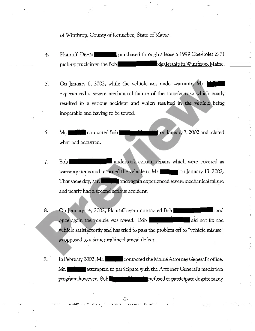 Preview A01 Complaint - Breach of Automobile Lease Contract Due to Severe Mechanical Malfunctions - Breach of Warranty - Unfair Trade Practices