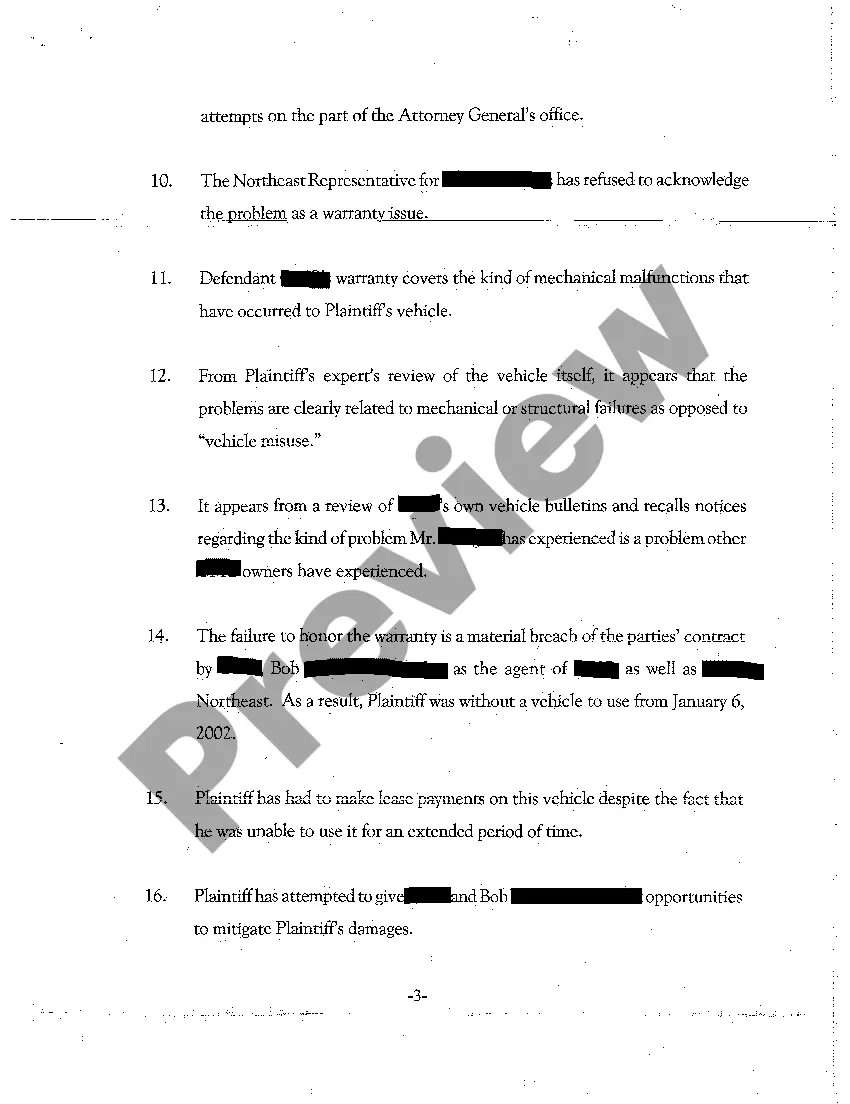 Preview A01 Complaint - Breach of Automobile Lease Contract Due to Severe Mechanical Malfunctions - Breach of Warranty - Unfair Trade Practices