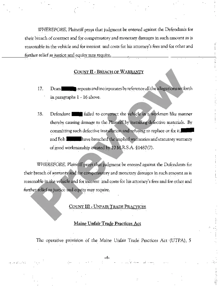 Preview A01 Complaint - Breach of Automobile Lease Contract Due to Severe Mechanical Malfunctions - Breach of Warranty - Unfair Trade Practices