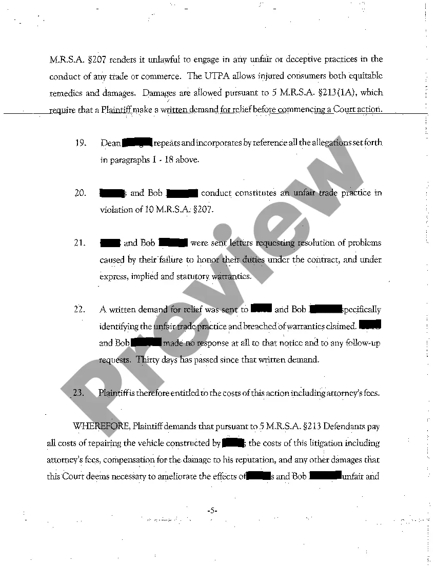 Preview A01 Complaint - Breach of Automobile Lease Contract Due to Severe Mechanical Malfunctions - Breach of Warranty - Unfair Trade Practices