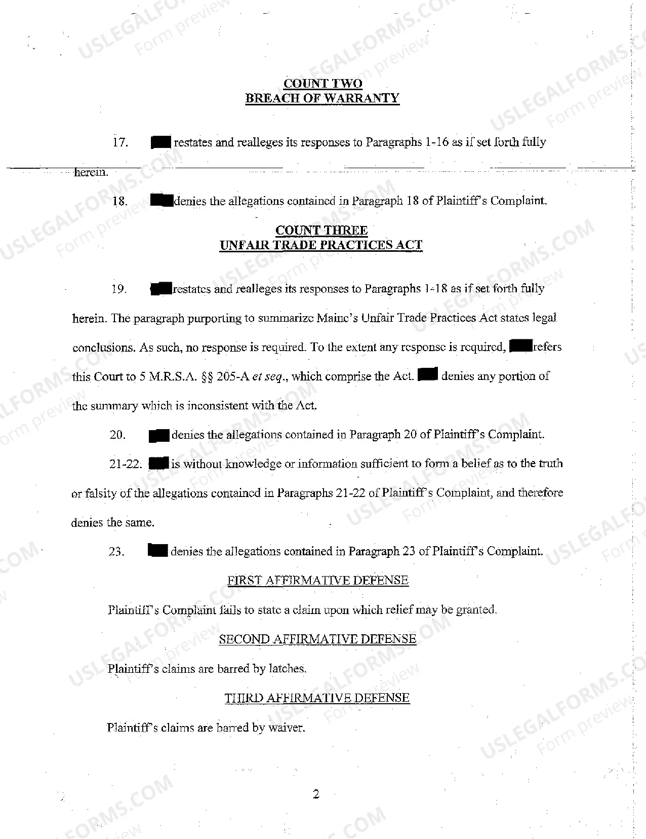 Preview A02 Answer by Defendant