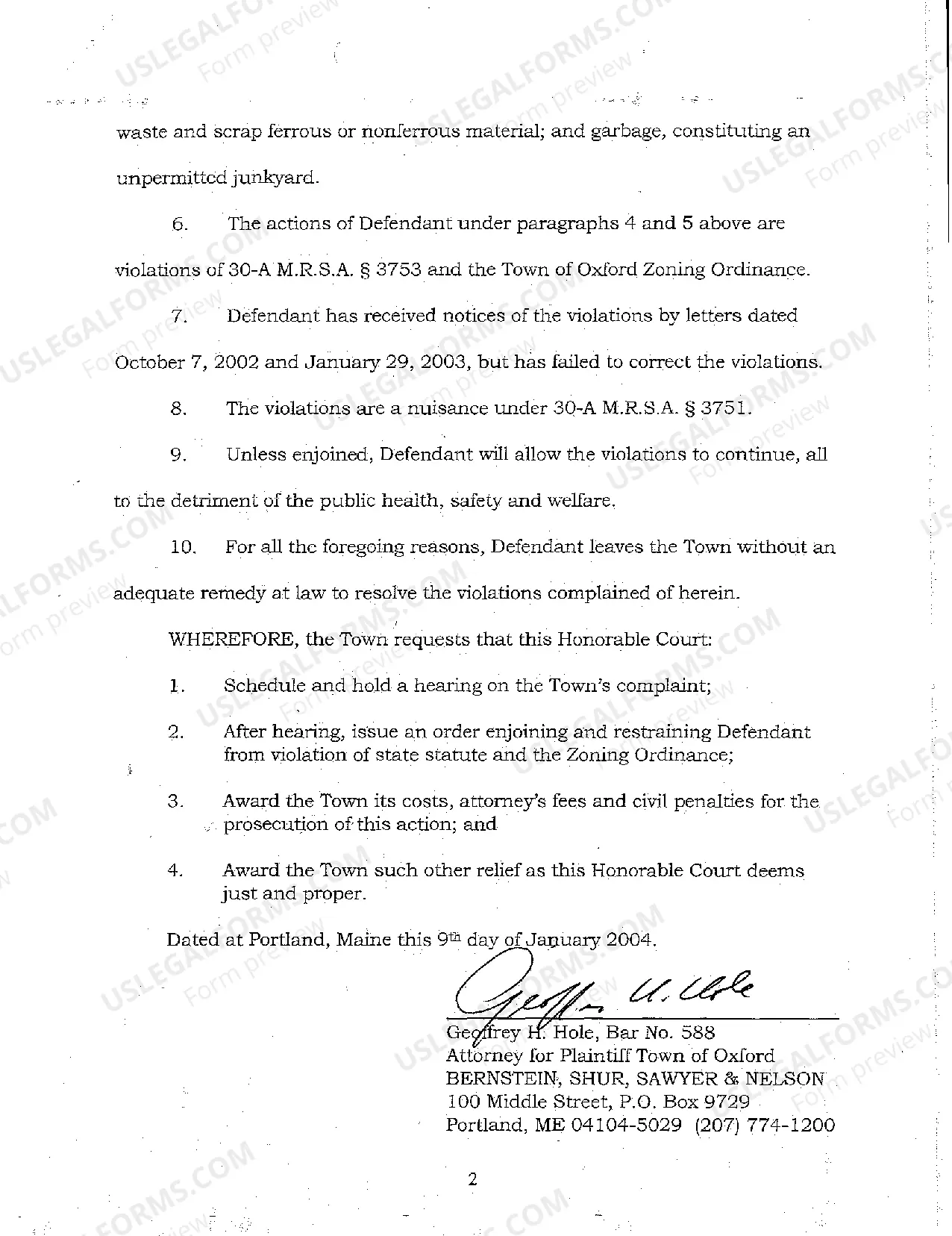 Preview A01 Complaint by City Against Property Owner for Public Nuisance Automobile Graveyard