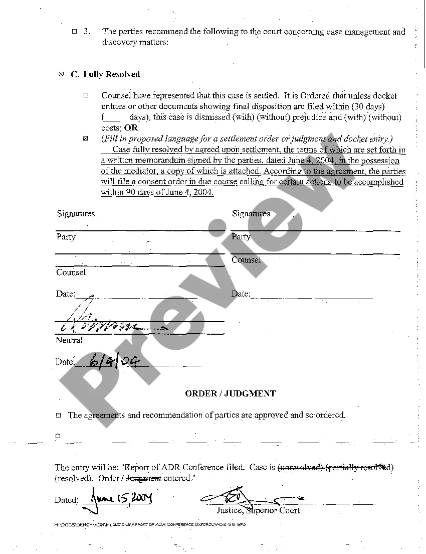 Preview A03 Report of ADR Conference and Order that Case is Settled