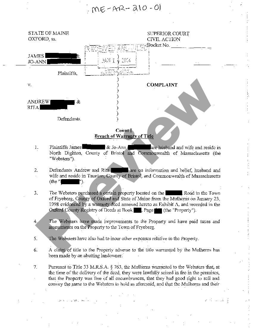 Maine Complaint Breach of Warranty Title and Rescission of Contract