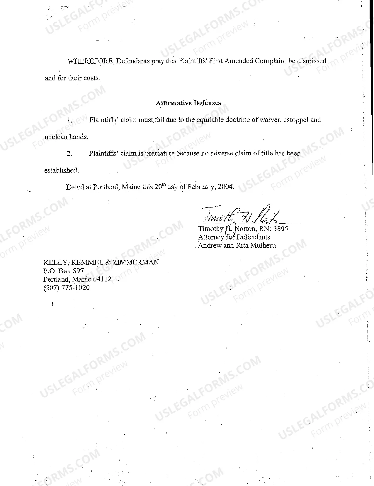 Preview A02 Defendant's Answer to First Amended Complaint and Affirmative Defenses