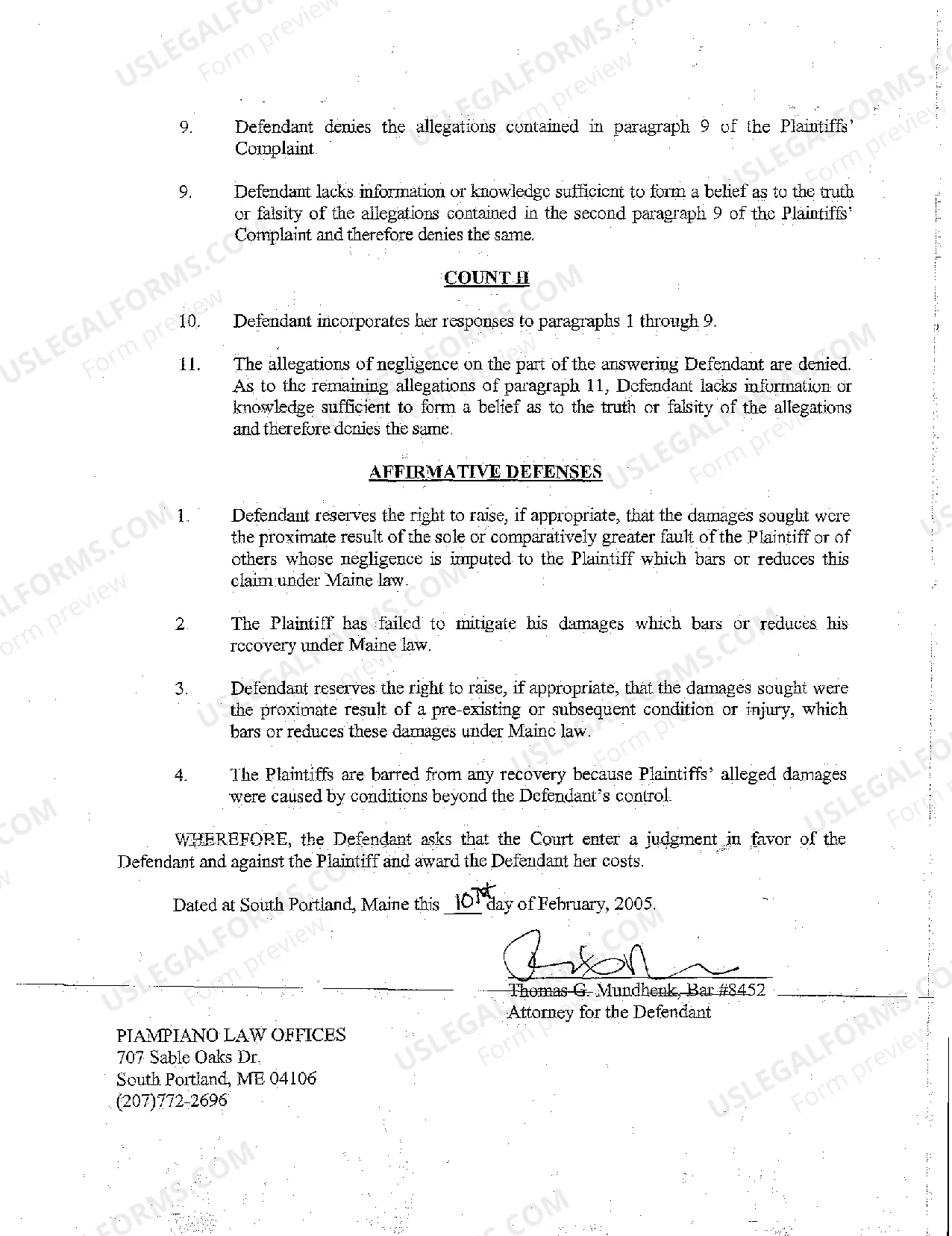 Preview A02 Answer regarding Personal Injury and Loss of Consortium Due to Negligent Operation of Motor Vehicle