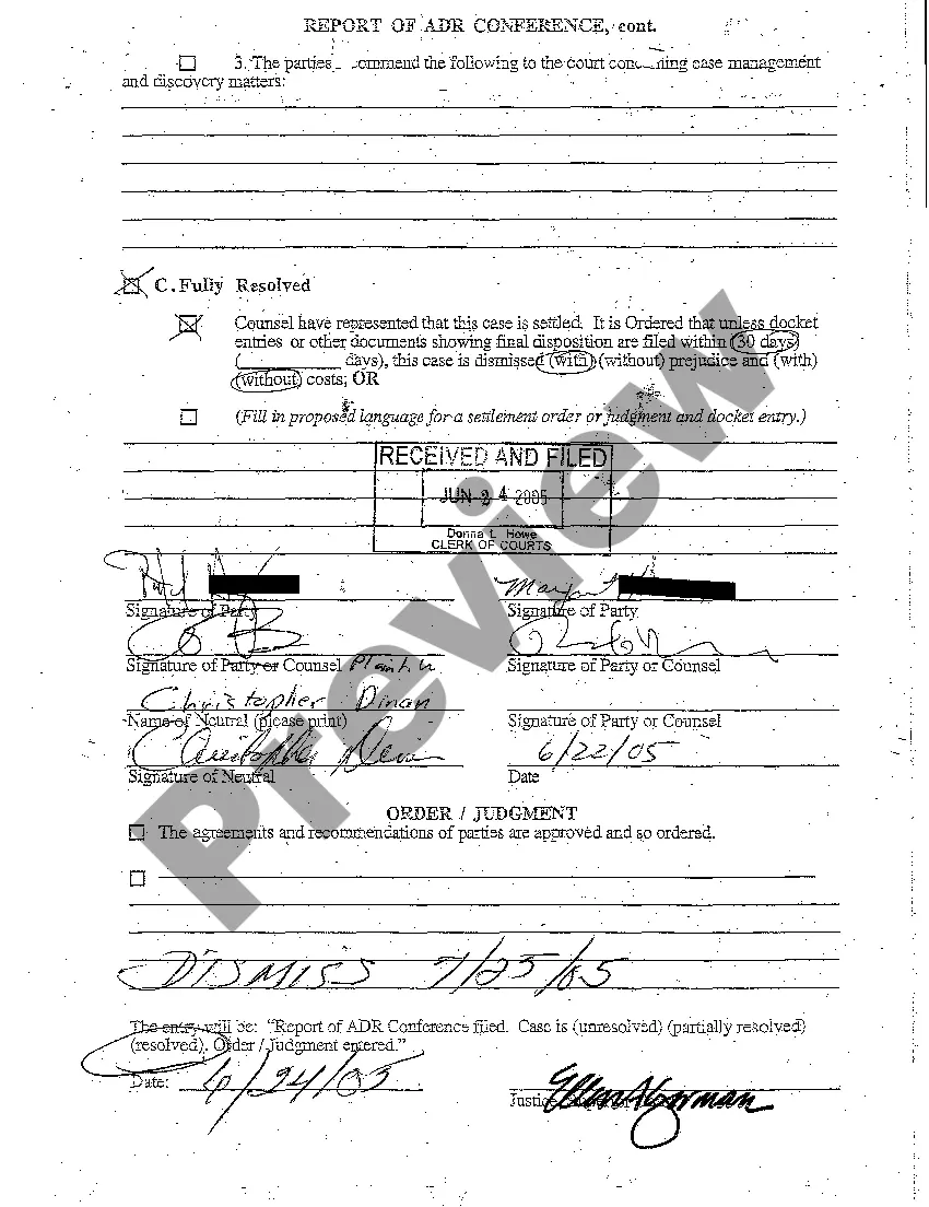 Get A05 Report of ADR Conference and Order to Dismiss with Prejudice Preview A05 Report of ADR Conference and Order to Dismiss with Prejudice