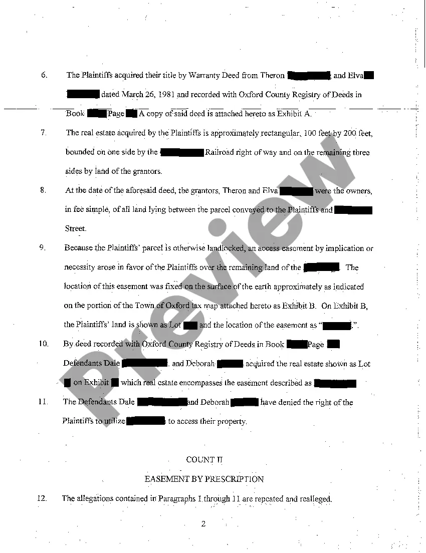 Preview A01 Complaint for Declaratory Relief of Access Easement by Implication or Necessity Due to Landlocked Property