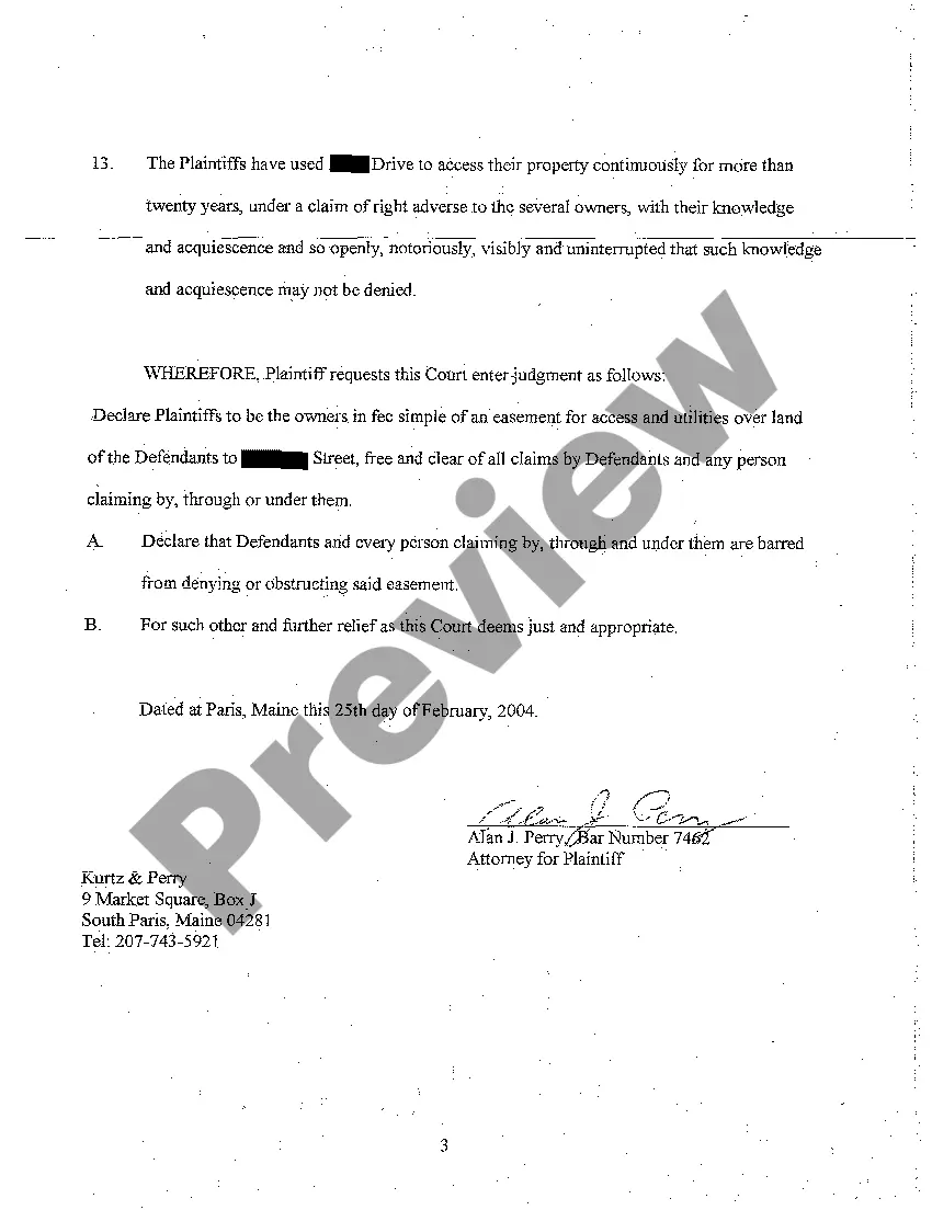 Preview A01 Complaint for Declaratory Relief of Access Easement by Implication or Necessity Due to Landlocked Property