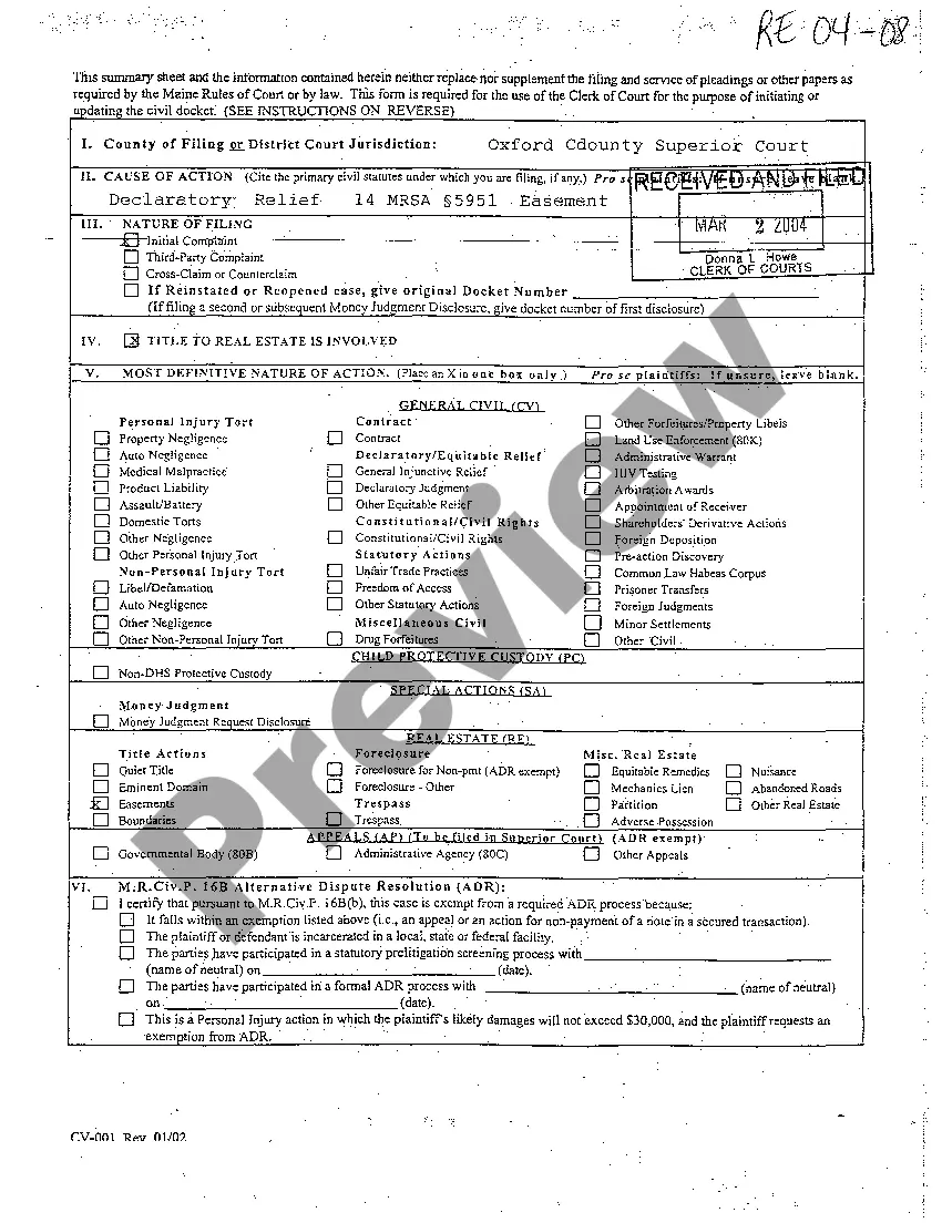 Preview A01 Complaint for Declaratory Relief of Access Easement by Implication or Necessity Due to Landlocked Property