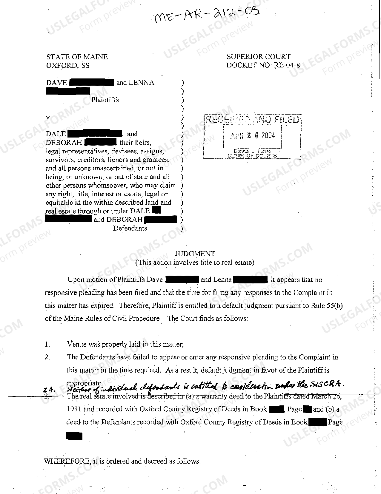 Maine Judgment Granting Easement by Implication or Necessity US Legal