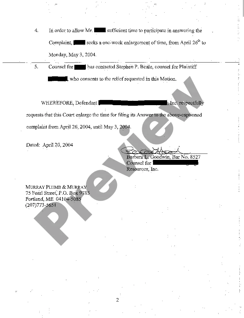 Preview A02 Defendant's Consented to Motion for Enlargement of Time in Which to Answer the Complaint