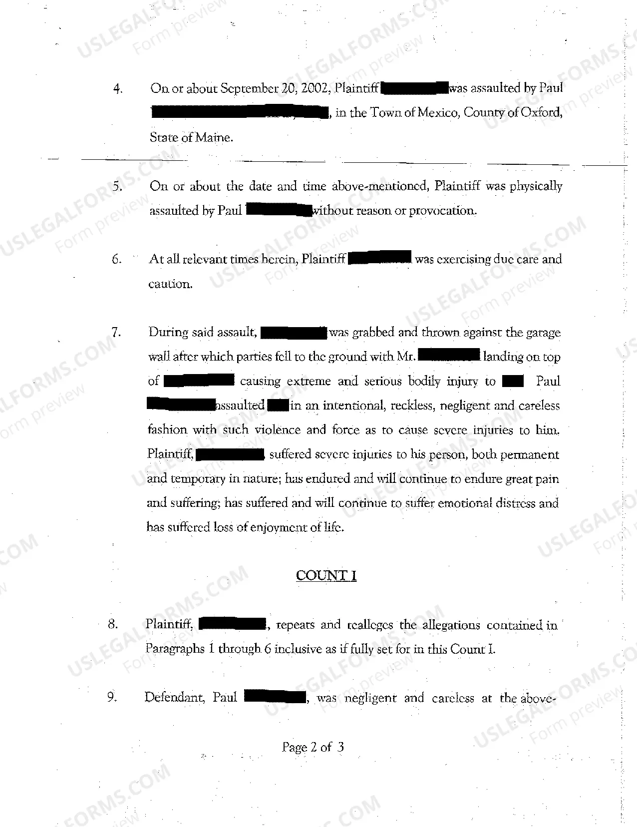 Preview A01 Complaint - Personal Injury Due to Assault on a Minor