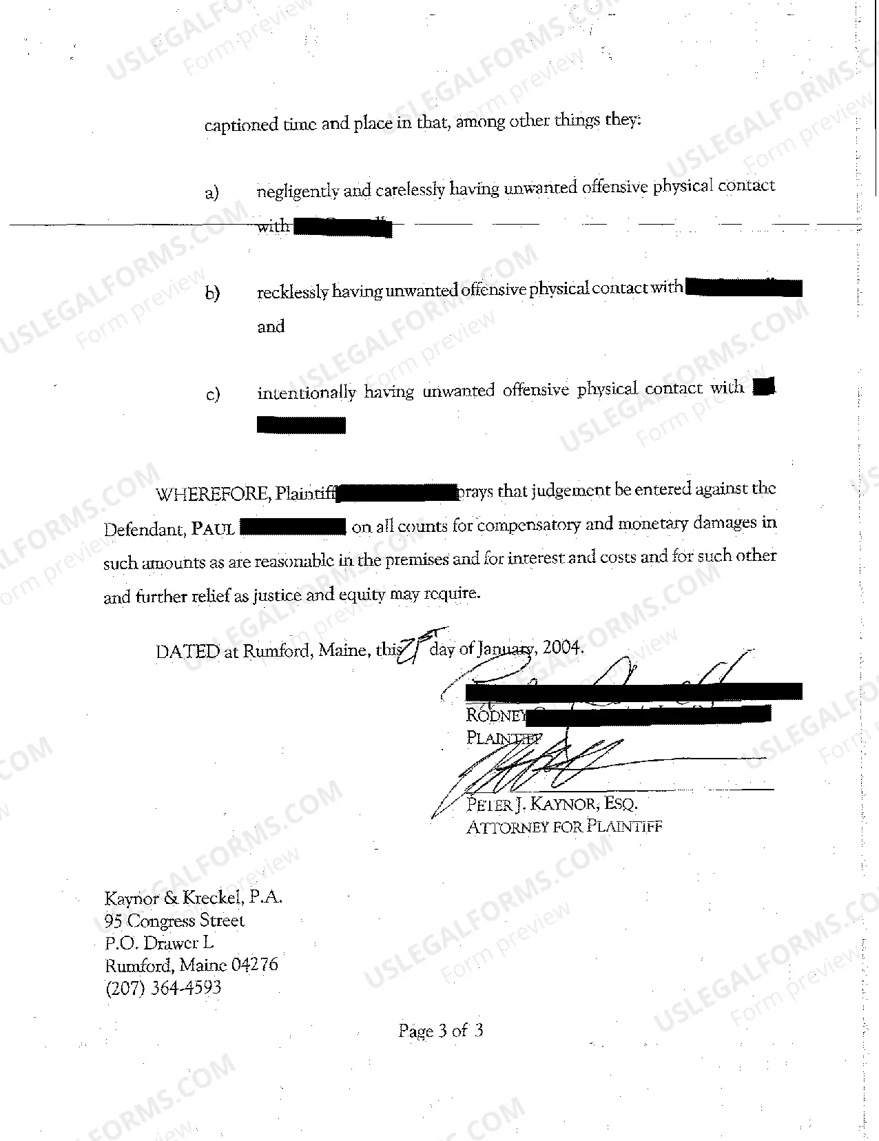 Preview A01 Complaint - Personal Injury Due to Assault on a Minor