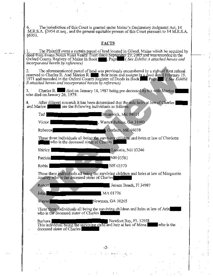 Get A01 Complaint - Declaratory Judgment that Right of Repurchase of Heirs is Extinguished Preview A01 Complaint - Declaratory Judgment that Right of Repurchase of Heirs is Extinguished