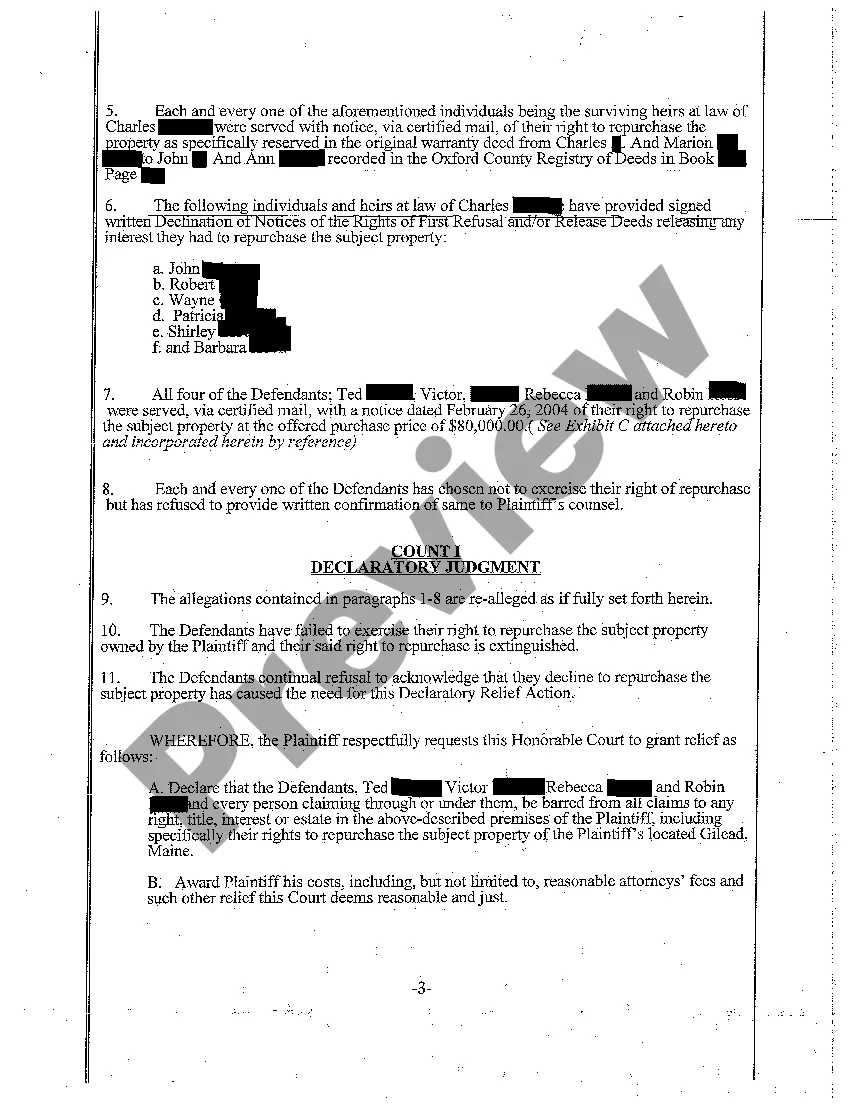 Get A01 Complaint - Declaratory Judgment that Right of Repurchase of Heirs is Extinguished Preview A01 Complaint - Declaratory Judgment that Right of Repurchase of Heirs is Extinguished