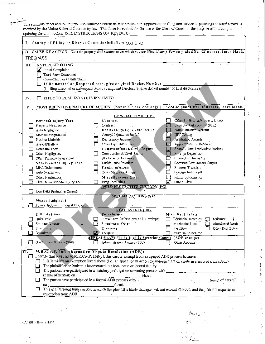 Preview A01 Complaint for Trespass to Property and Injunction