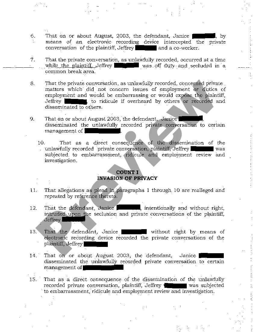 Get A01 Complaint - Invasion of Privacy - Intentional Infliction of Emotional Distress - Interception of Communication Preview A01 Complaint - Invasion of Privacy - Intentional Infliction of Emotional Distress - Interception of Communication