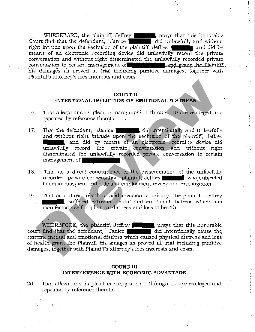 Get A01 Complaint - Invasion of Privacy - Intentional Infliction of Emotional Distress - Interception of Communication Preview A01 Complaint - Invasion of Privacy - Intentional Infliction of Emotional Distress - Interception of Communication