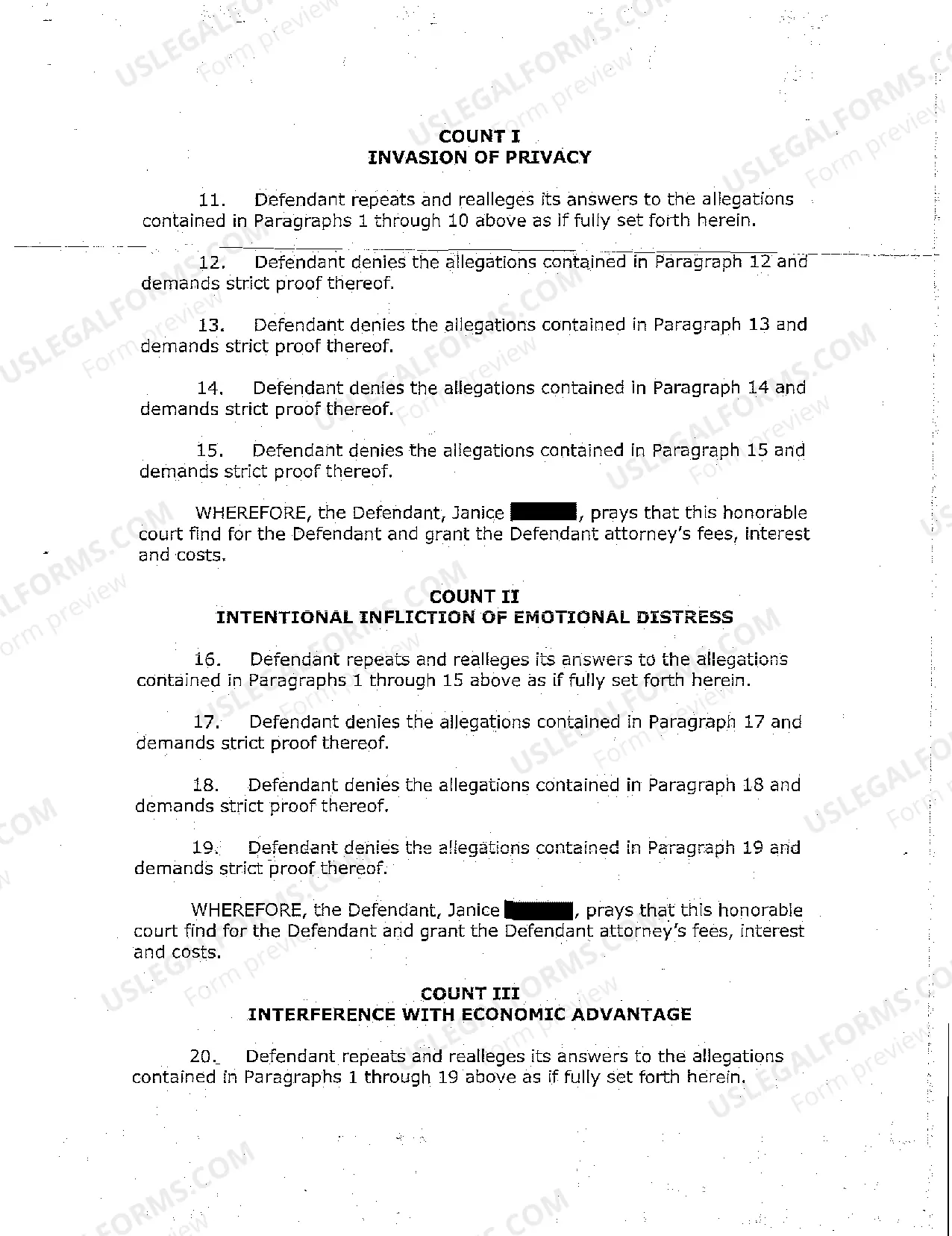 Preview A02 Defendant's Answer to Complaint