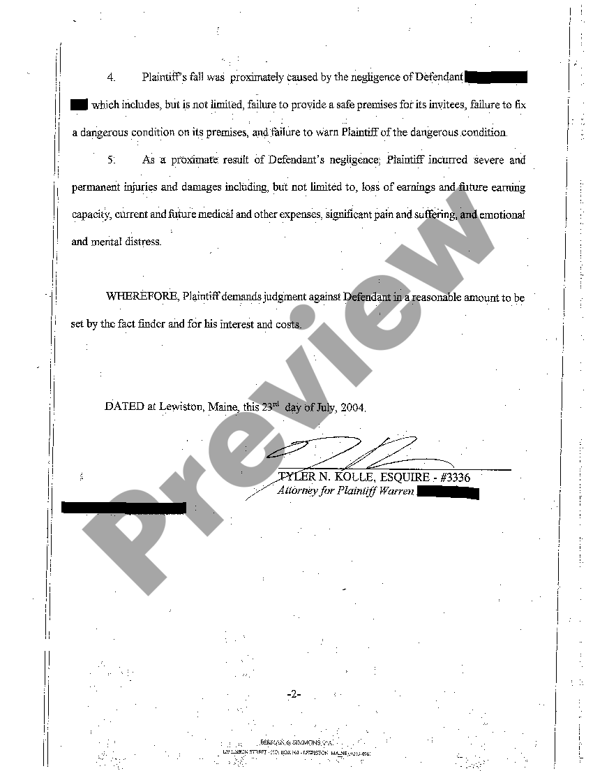Maine Complaint Slip And Fall Complaint Sample US Legal Forms