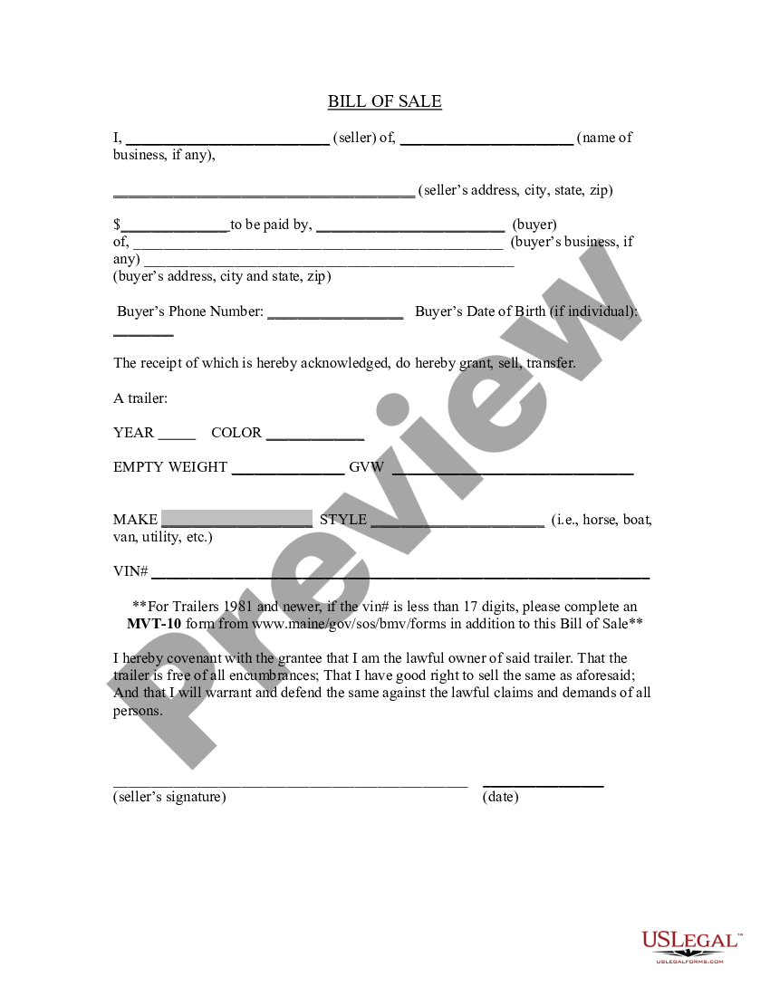 Maine Bill of Sale for Trailer US Legal Forms