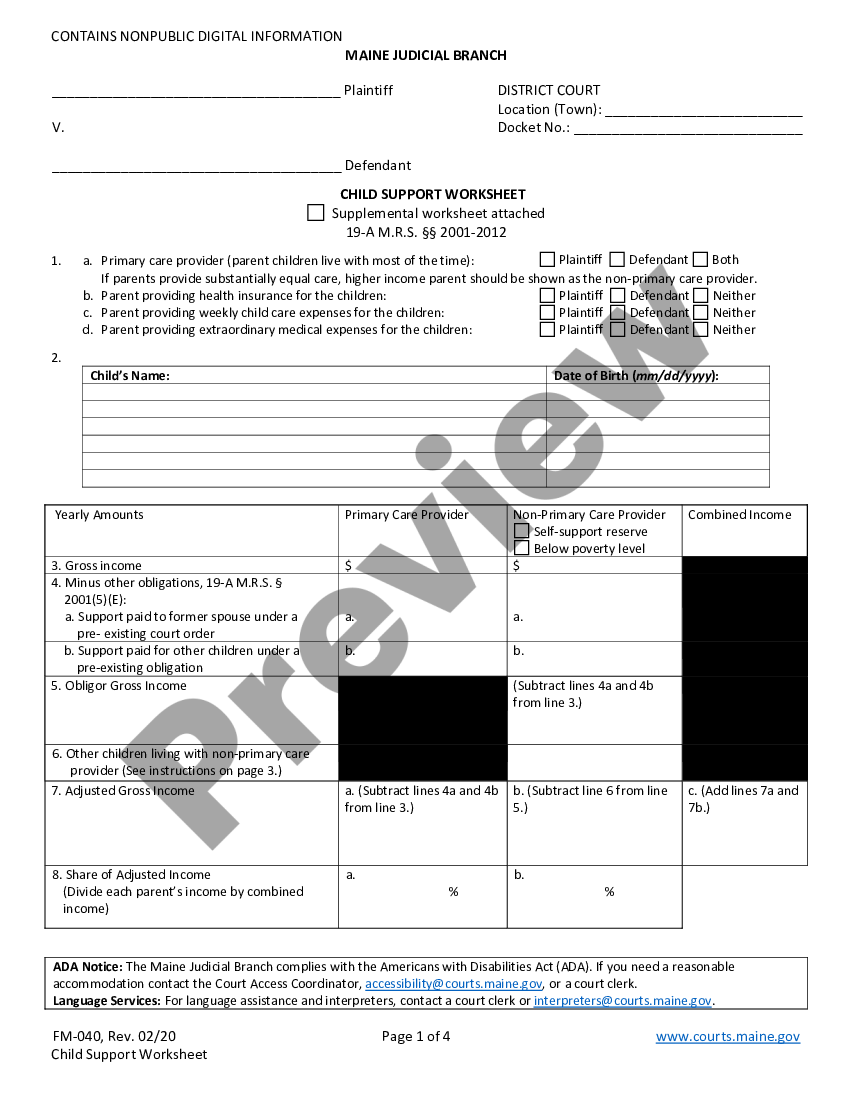 Maine Child Support Worksheet - Maine Child Support Worksheet | US Legal  Forms