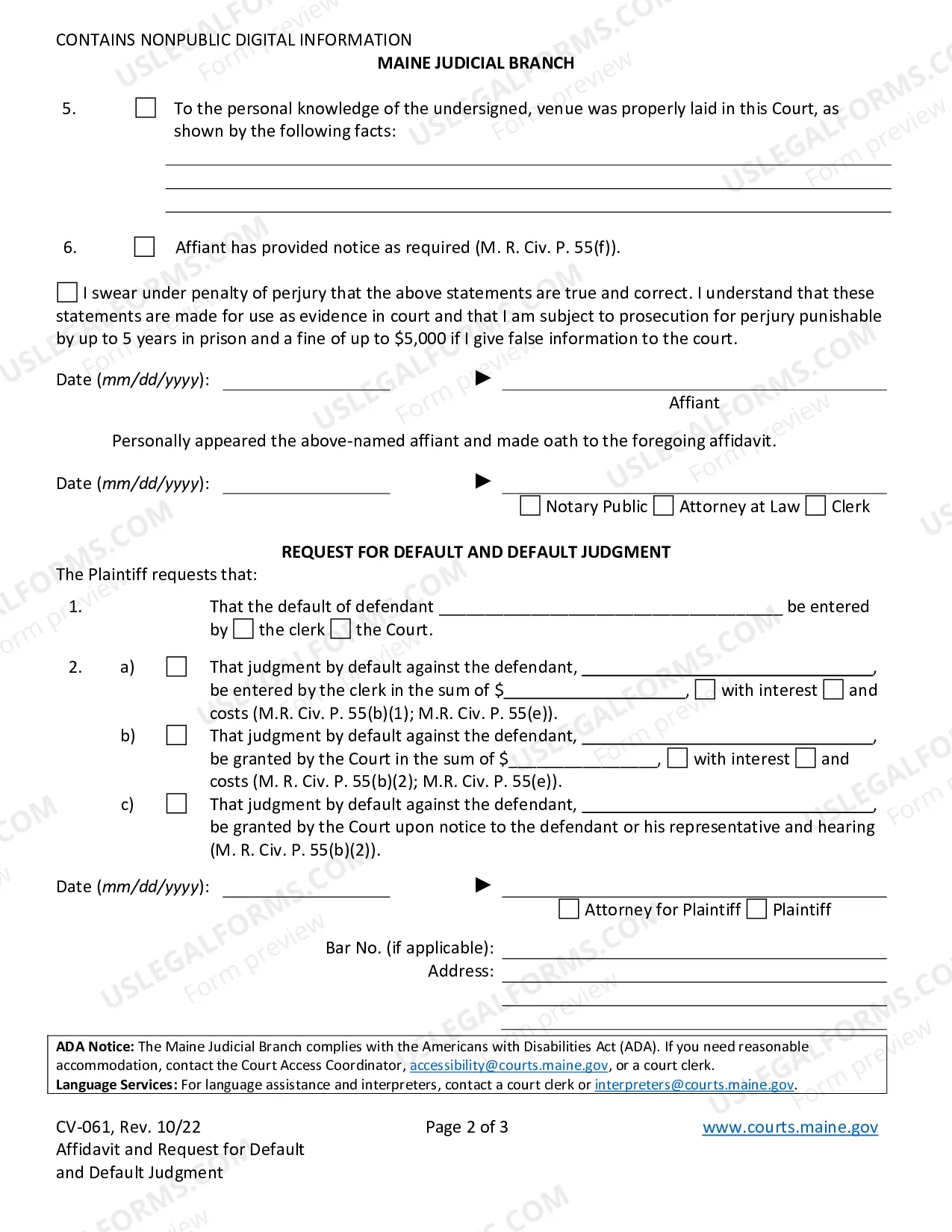 Preview Affidavit - Request Default and Judgment