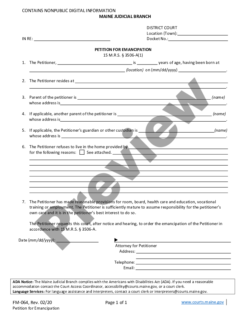 Maine Petition for Emancipation Emancipation In Maine US Legal Forms