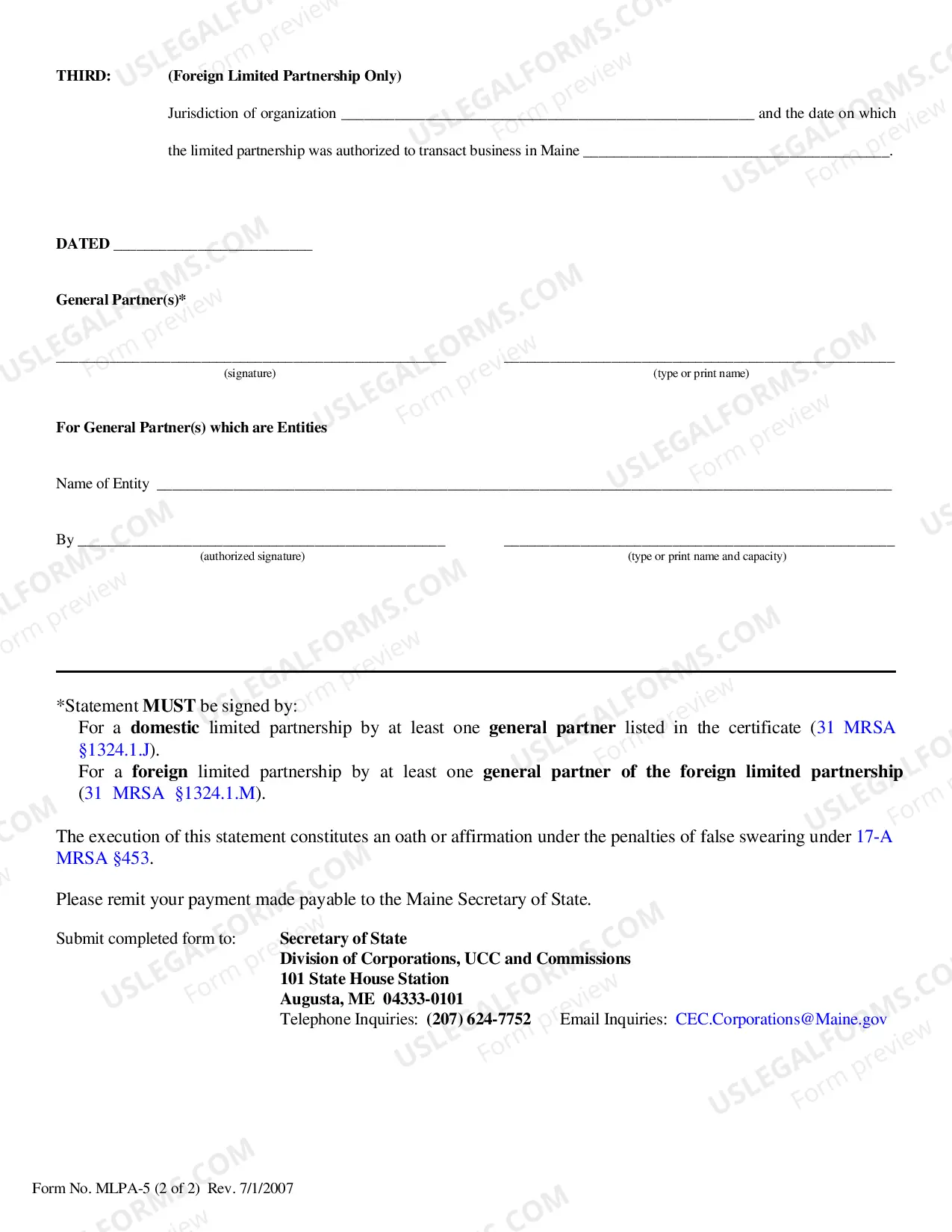Preview Statement of Intention to Do Business Under an Assumed or Fictitious Name by a Limited Partnership