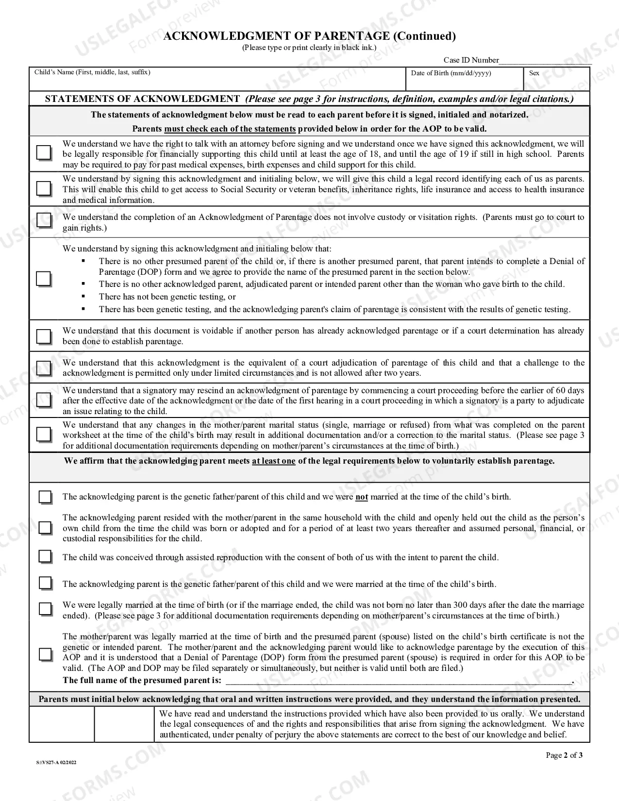 Preview Acknowledgment of Parentage Paternity