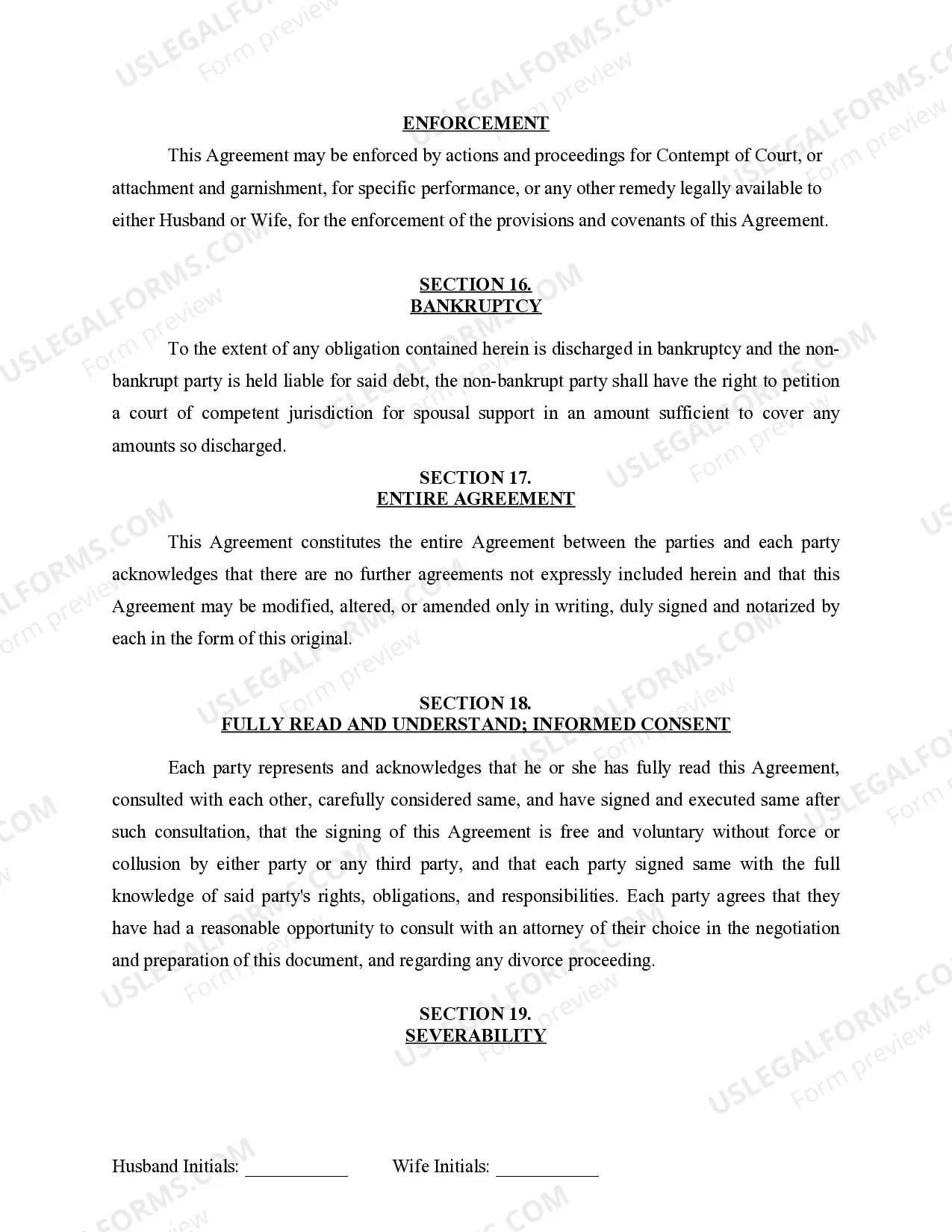 Preview Marital Domestic Separation and Property Settlement Agreement for persons with No Children, No Joint Property or Debts where Divorce Action Filed