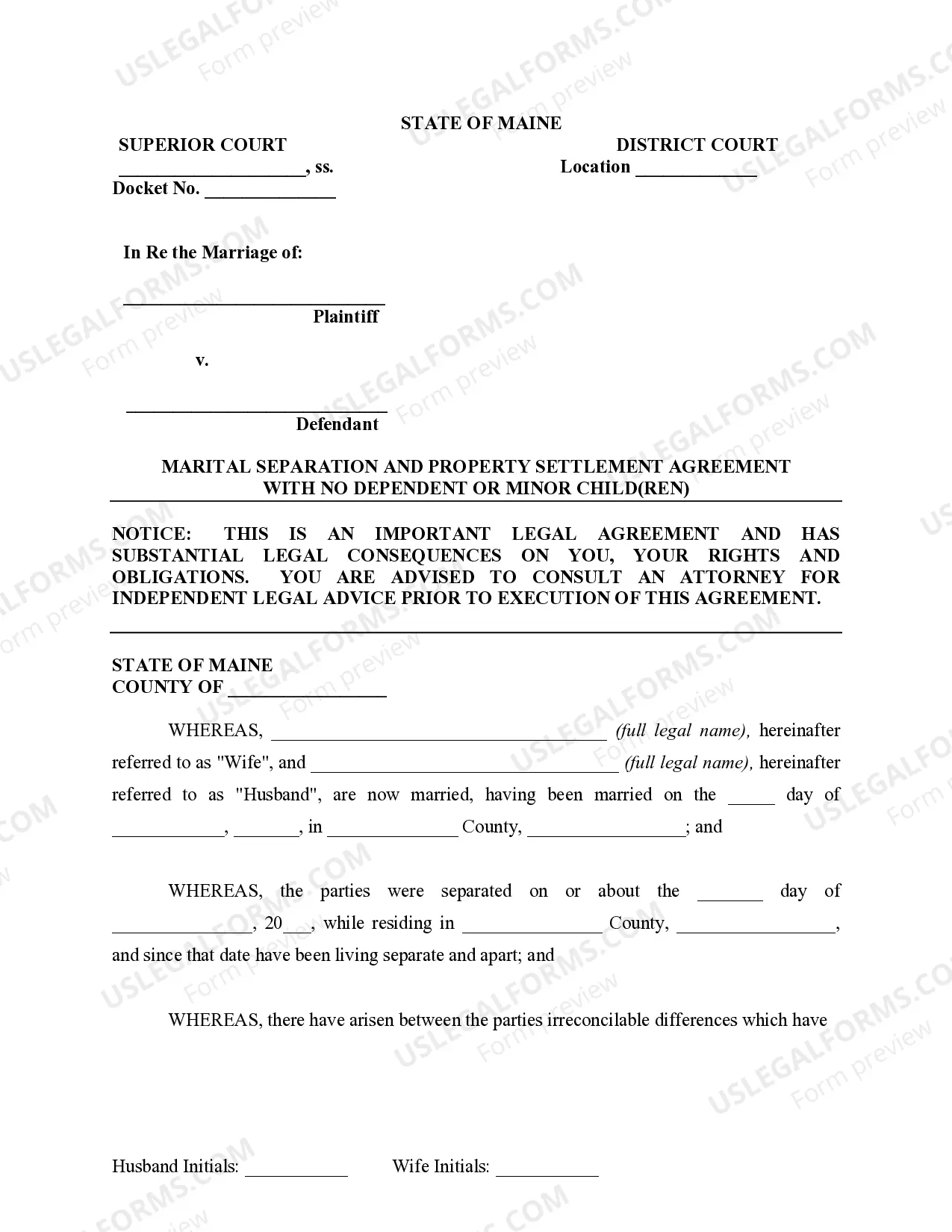 Preview Marital Domestic Separation and Property Settlement Agreement for persons with No Children, No Joint Property or Debts where Divorce Action Filed